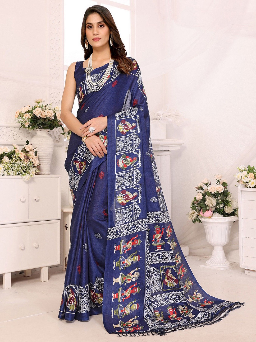 

KALINI Women Woven Design Saree With Blouse Piece, Blue
