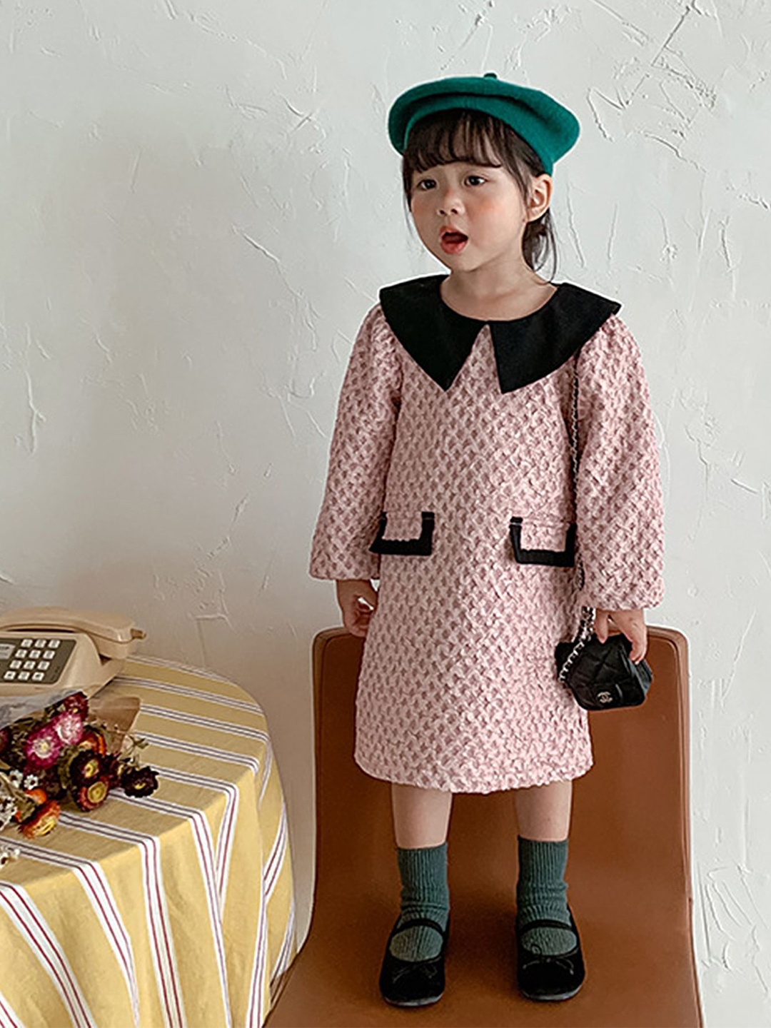 

LULU & SKY Girls Peter Pan Collar Textured A-Line Dress, Pink