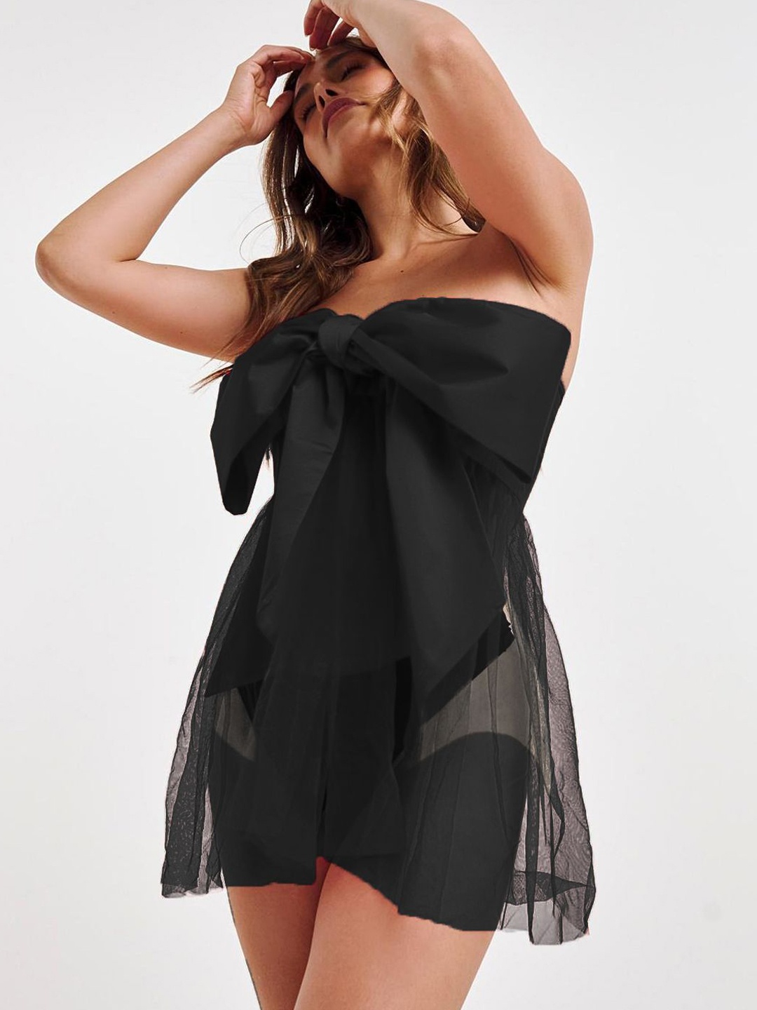 

Krelin Women Bow Detail Net Strapless Baby Doll, Black
