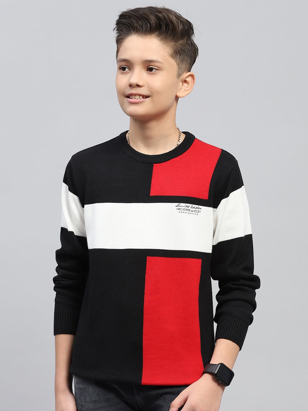 

Monte Carlo Boys Cotton Colourblocked Pullover Sweaters, Black