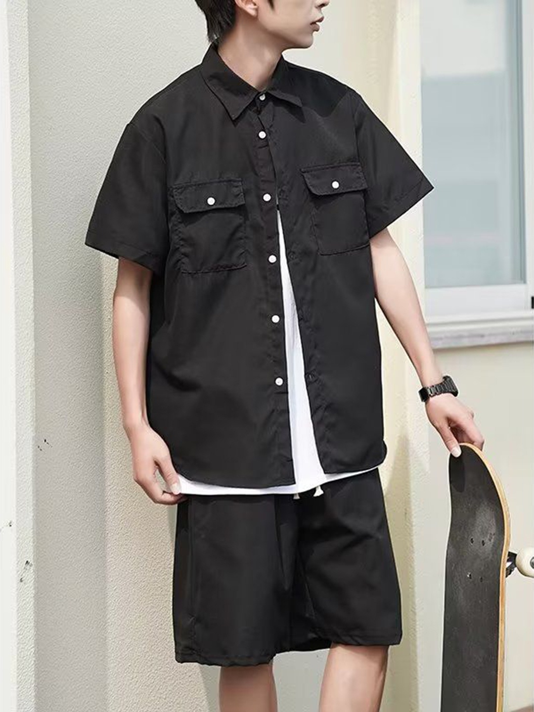 

StyleCast Black Shirt Collar Short Sleeves Shirt With Shorts