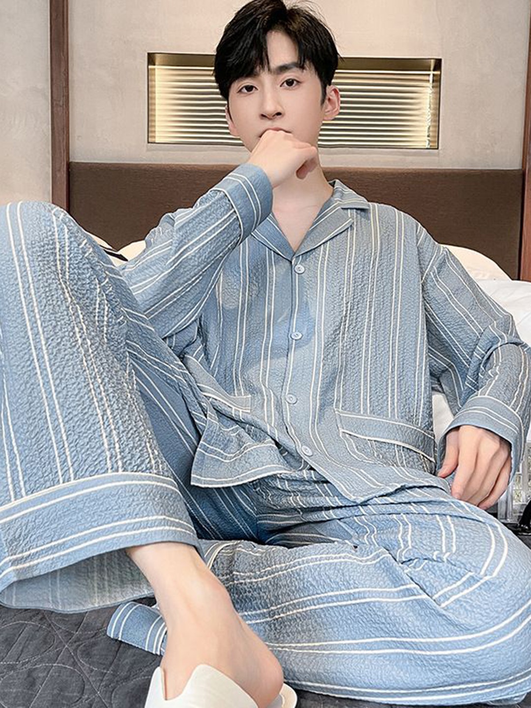 

StyleCast Blue Striped Lapel Collar Casual Shirt With Pyjamas