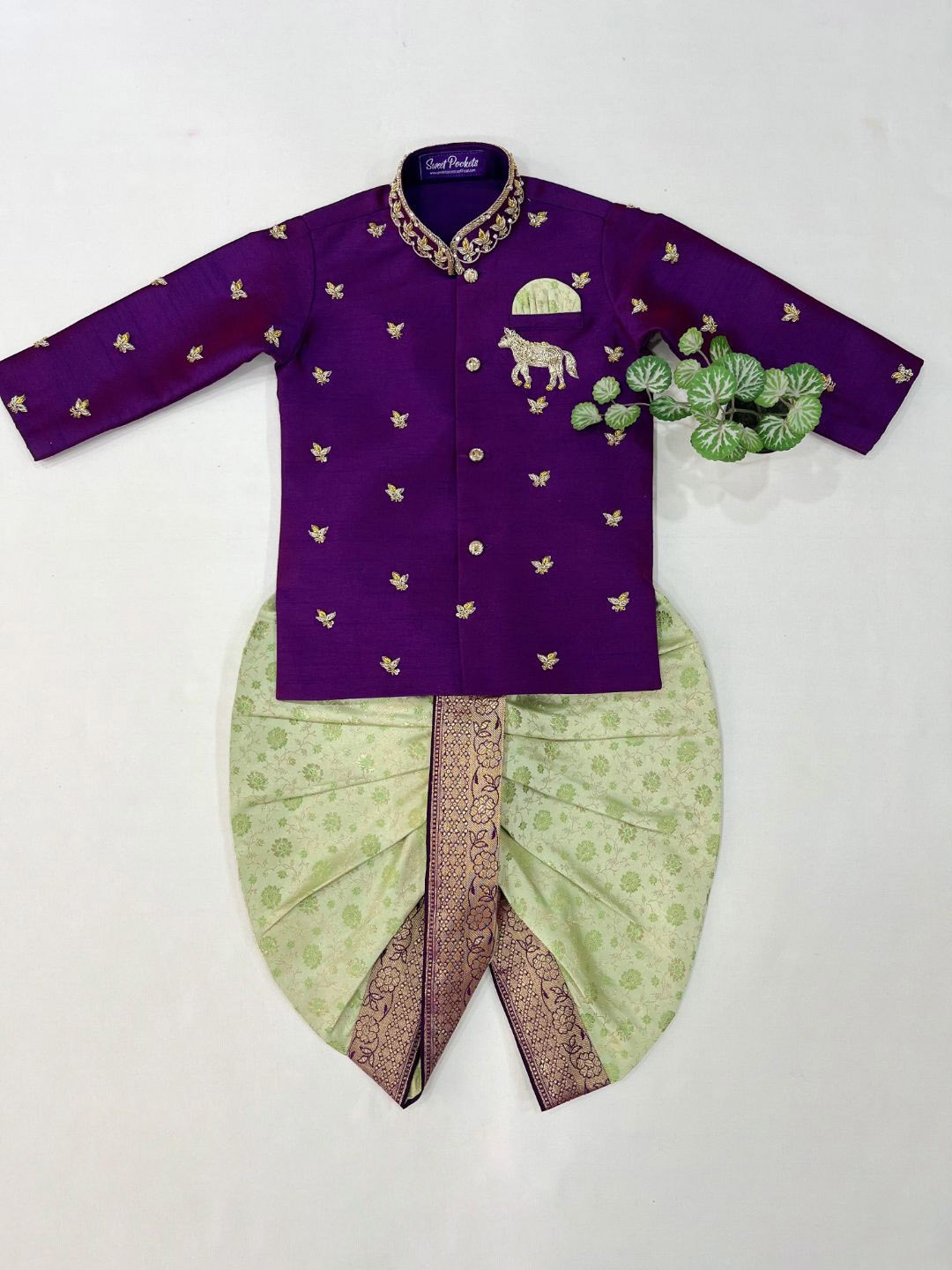 

Sweet Pockets Boys Floral Embroidered Thread Work Kurta with Trouser, Purple