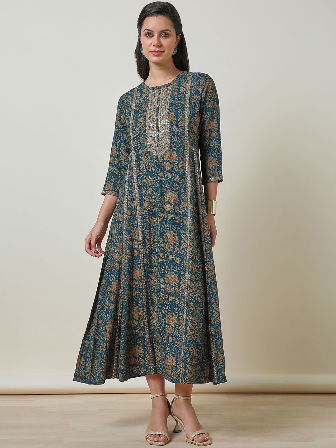 

Soch Women Ethnic Motifs Printed A-Line Ethnic Dresses With Sequins Work, Teal