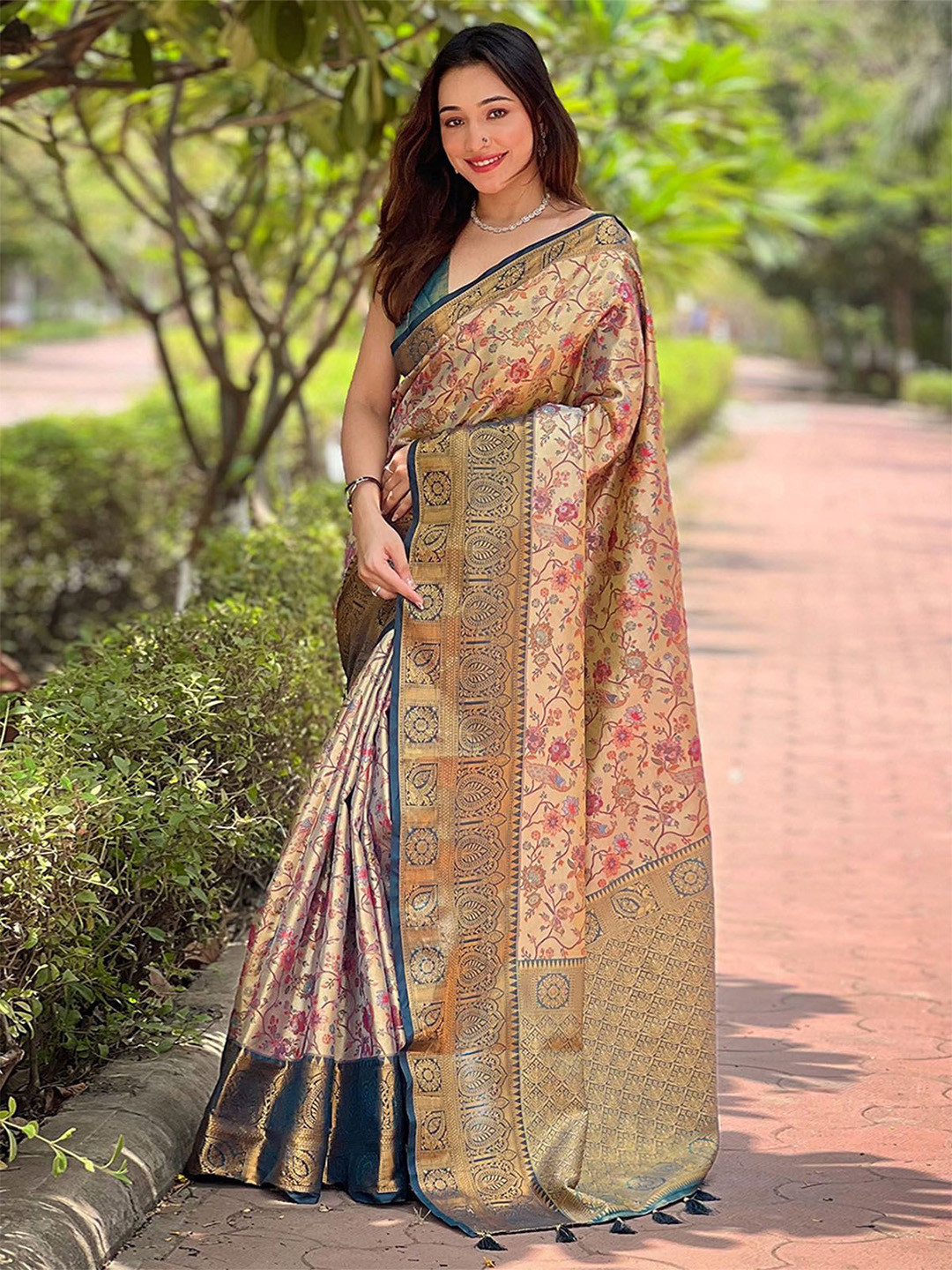 

ODETTE Women Woven Design Sarees, Beige