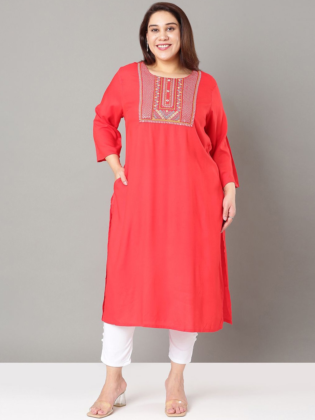 

Sztori Floral Embroidered Yoke Design Sequined Straight Kurta, Red