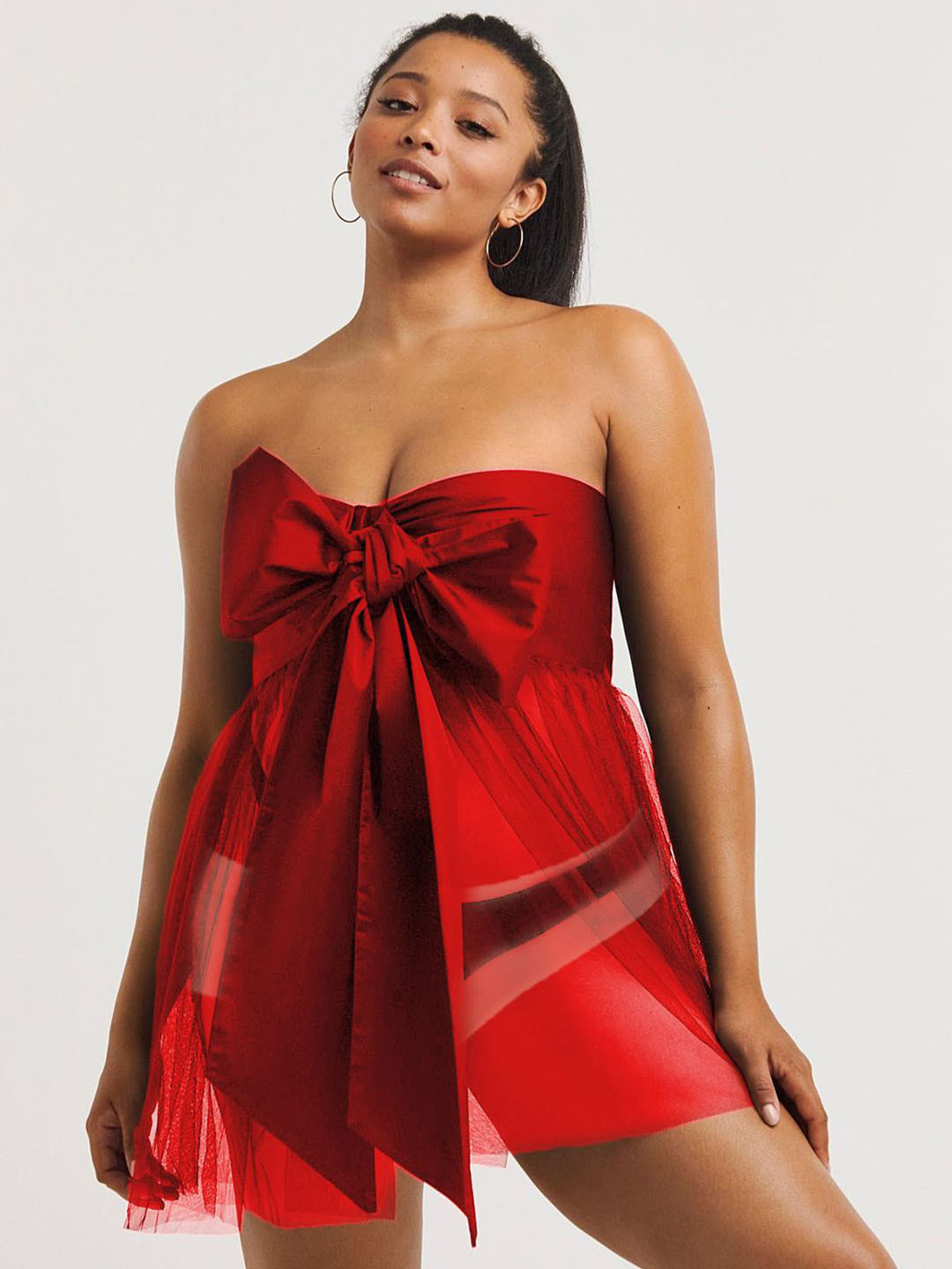 

FIMBUL Women Front Bow Tie-Up Net Strapless Baby Doll, Red