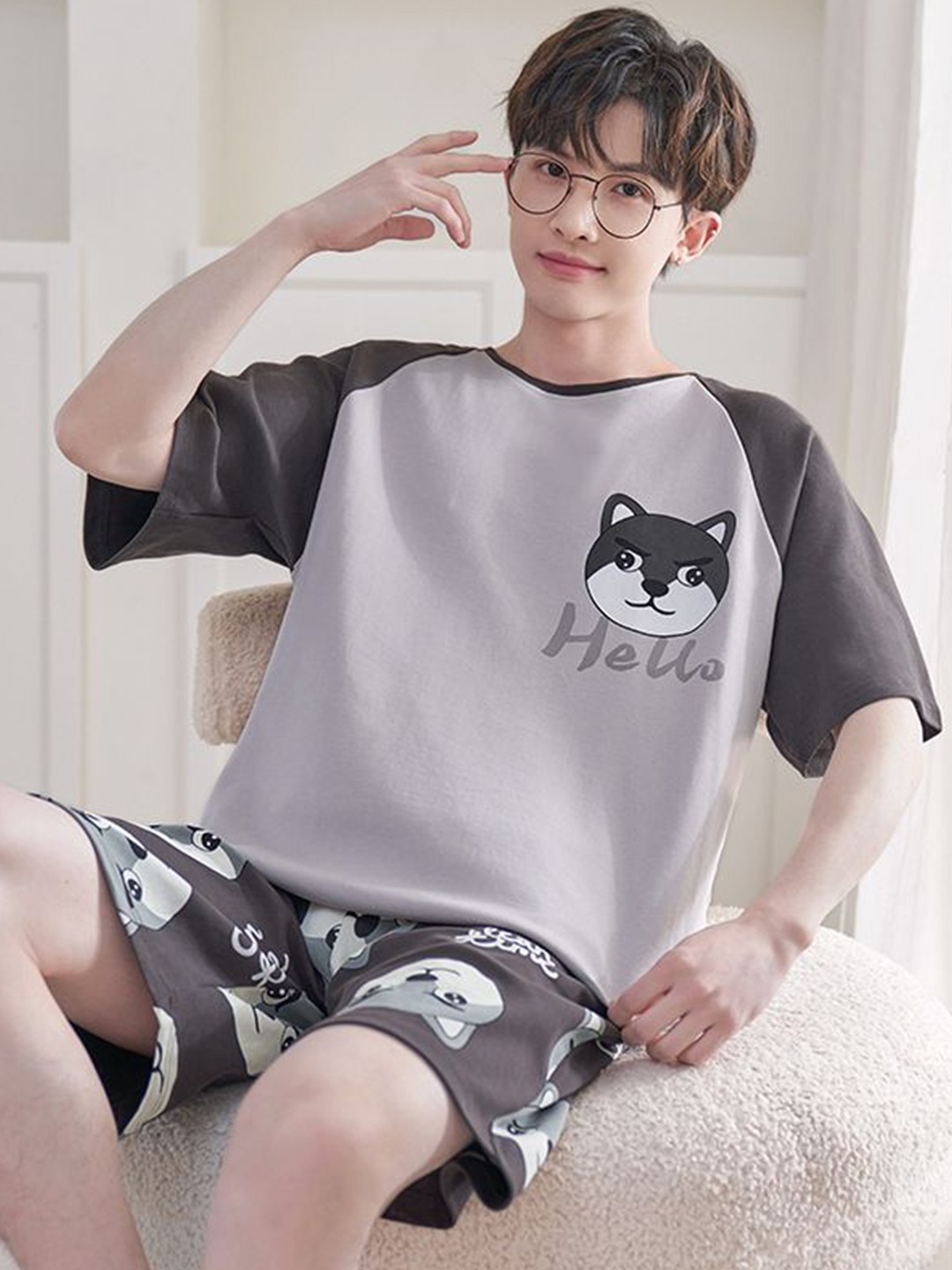 

StyleCast Men Printed T-Shirt With Shorts Night Suit, Grey