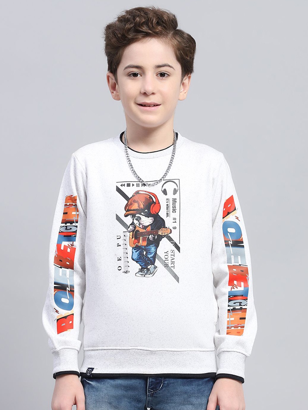 

Monte Carlo Boys Printed Round Neck Full Sleeve Sweatshirt, White