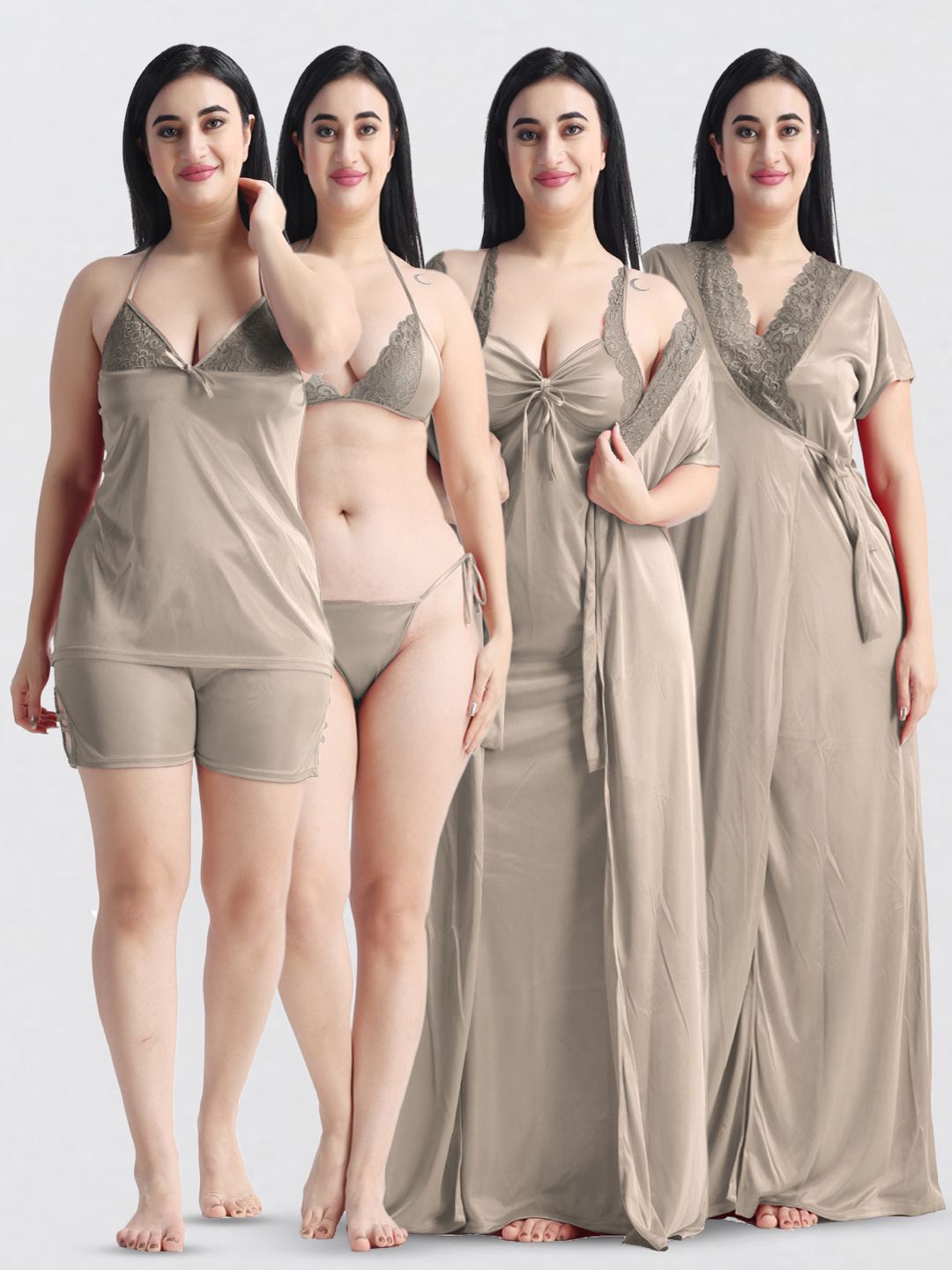 

NIGHT KEYS Women Set Of 6 Maxi Nightdress, Beige