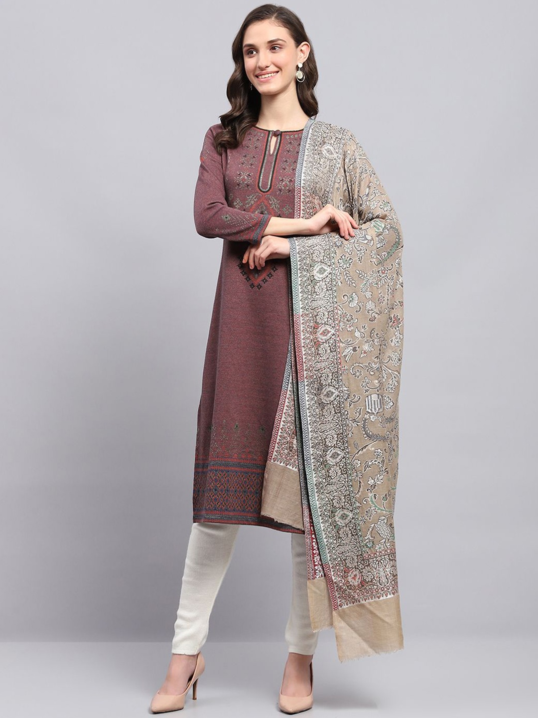 

Monte Carlo Floral Woven Design Shawl, Beige
