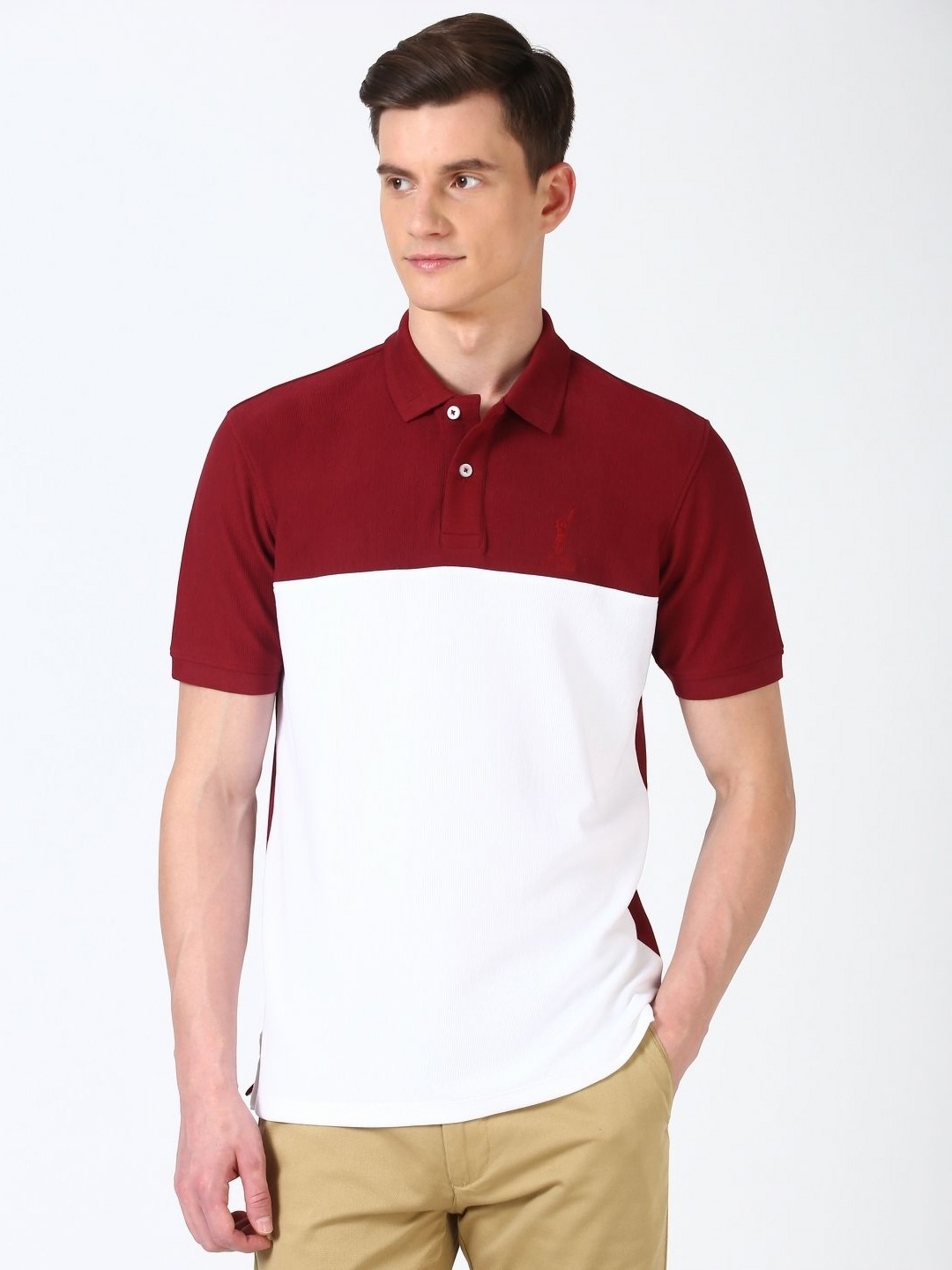 

Peter England Casuals Men Colourblocked Polo Collar Cotton T-shirt, Maroon