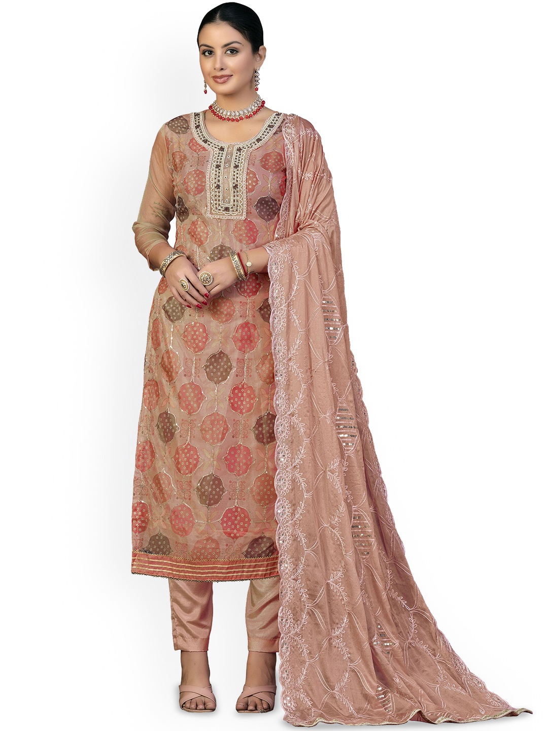 

MarooshEthnic Motifs Embroidered Beads and Stones Organza Unstitched Dress Material, Rust