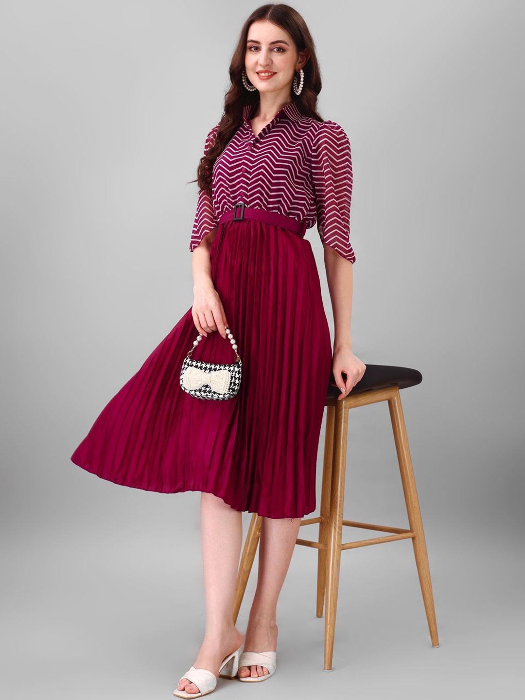 

Raiyani Enterprise Women Striped Applique Shirt Collar Georgette Fit & Flare Maxi Dress, Magenta