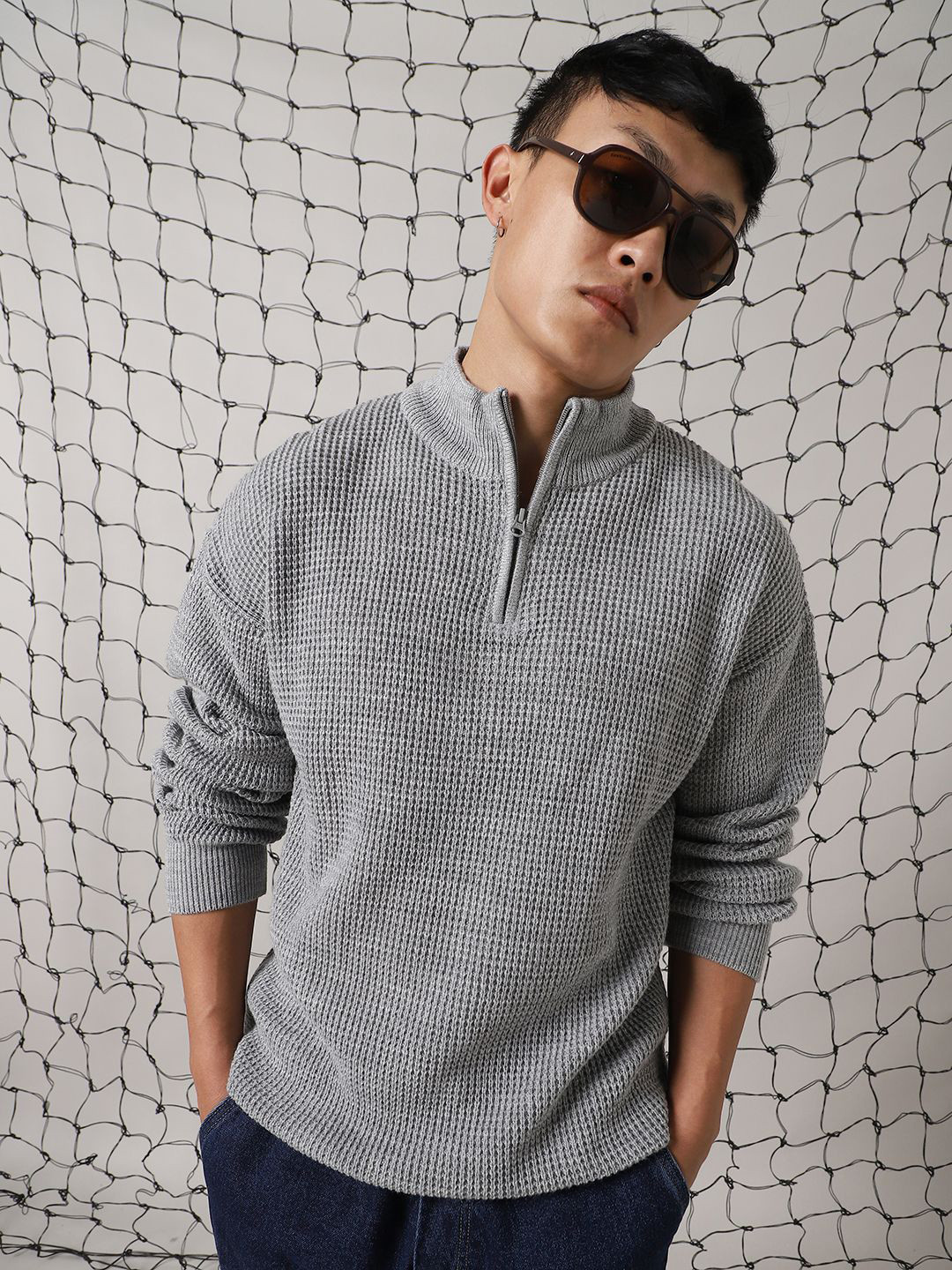 

Hubberholme Men Speckled Half Zipper Waffle Knit High Neck Relax Fit Pullover, Grey