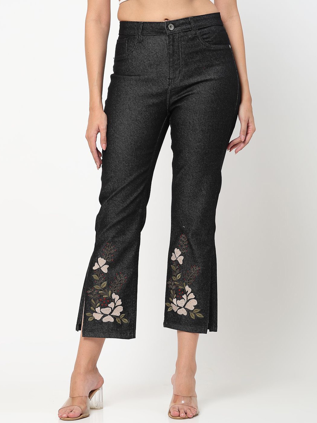 

COSMIC TRIO Women Bootcut Embroidered Mid Rise Jeans, Black