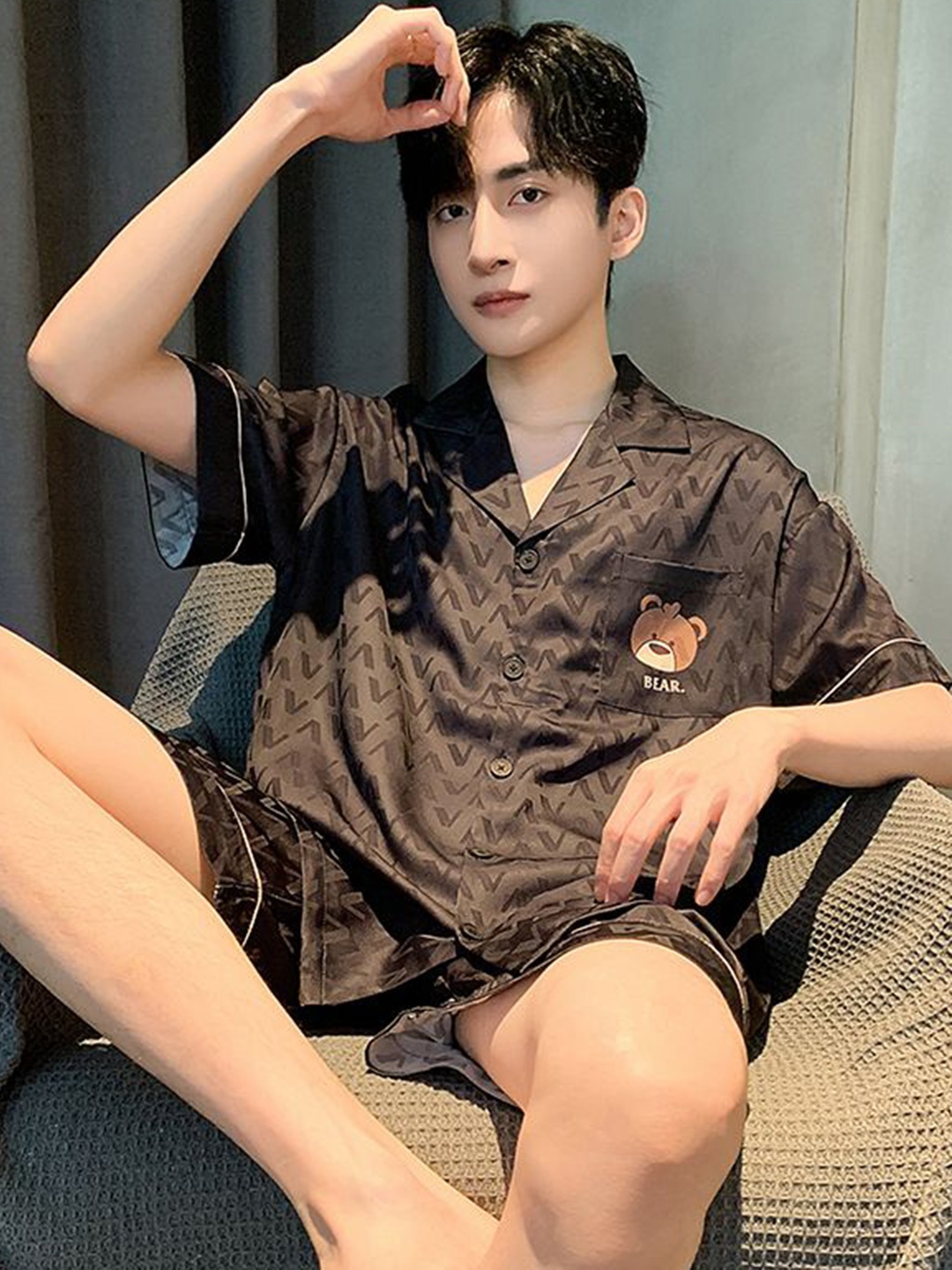

StyleCast Printed Lapel Collar Short Sleeves Shirt With Shorts, Brown