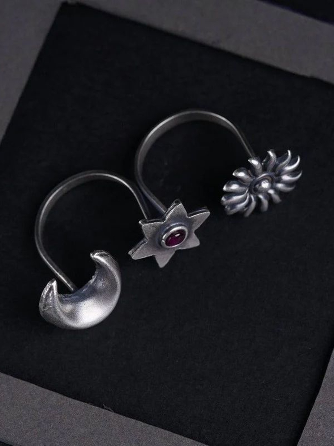 

House of Aadyaa Sterling Silver Oxidised Stones-Studded Finger Ring