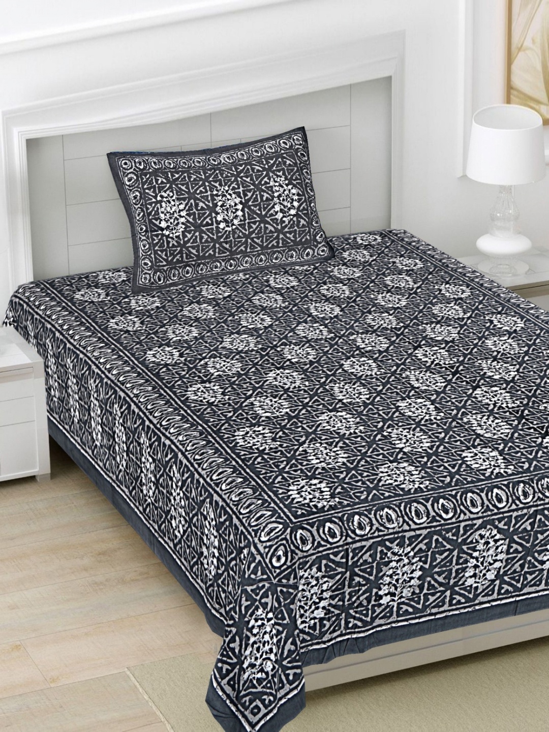 

FrionKandy Living Grey Printed Cotton 180 TC Single Bedsheet Set 2.28 m x 1.52 m