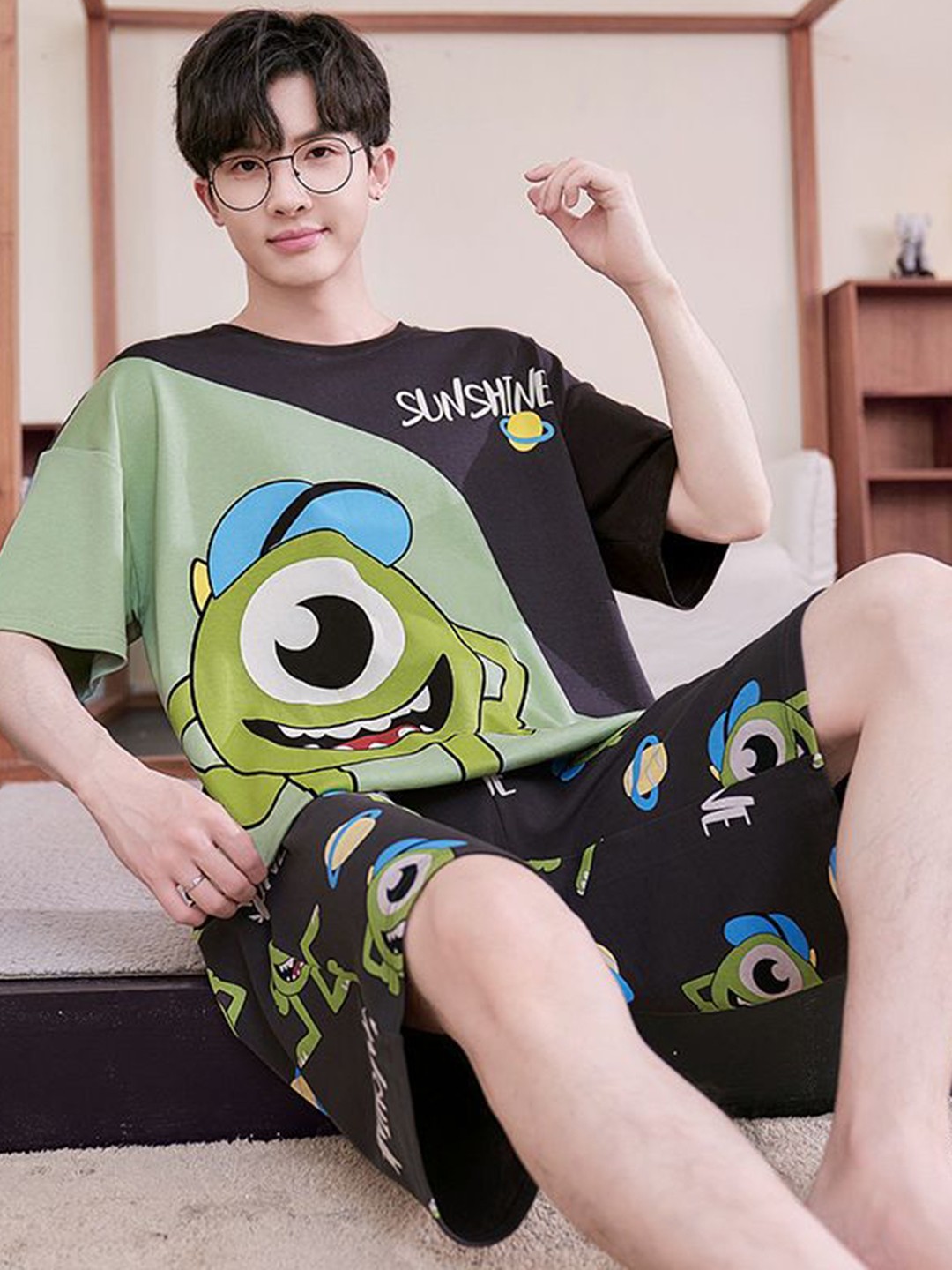 

StyleCast Printed Pure Cotton Round Neck T-Shirt with Shorts Night Suits, Black