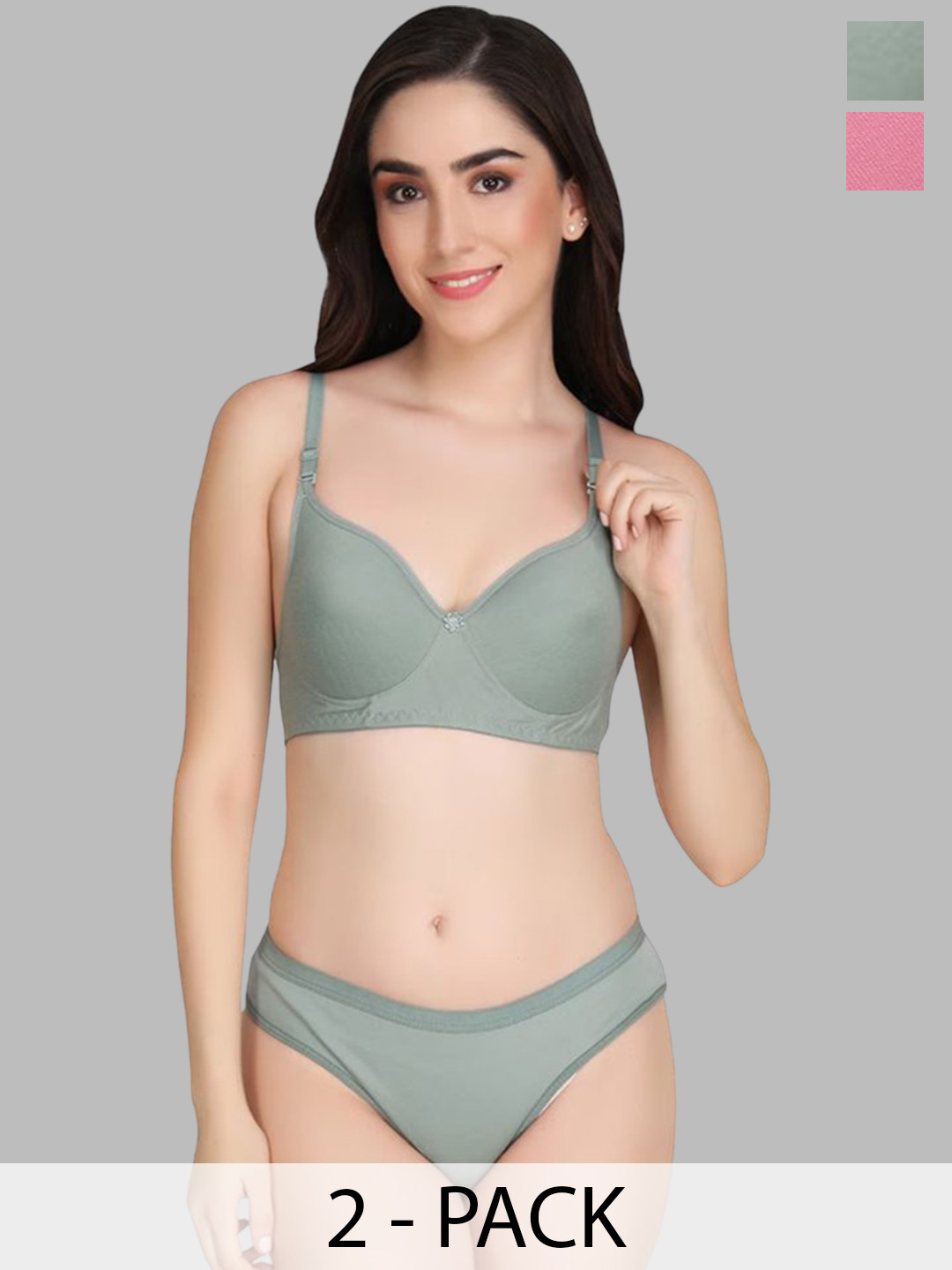 

Designer Bugs Women Pack Of 2 Lightly-Padded Lingerie Sets, Olive