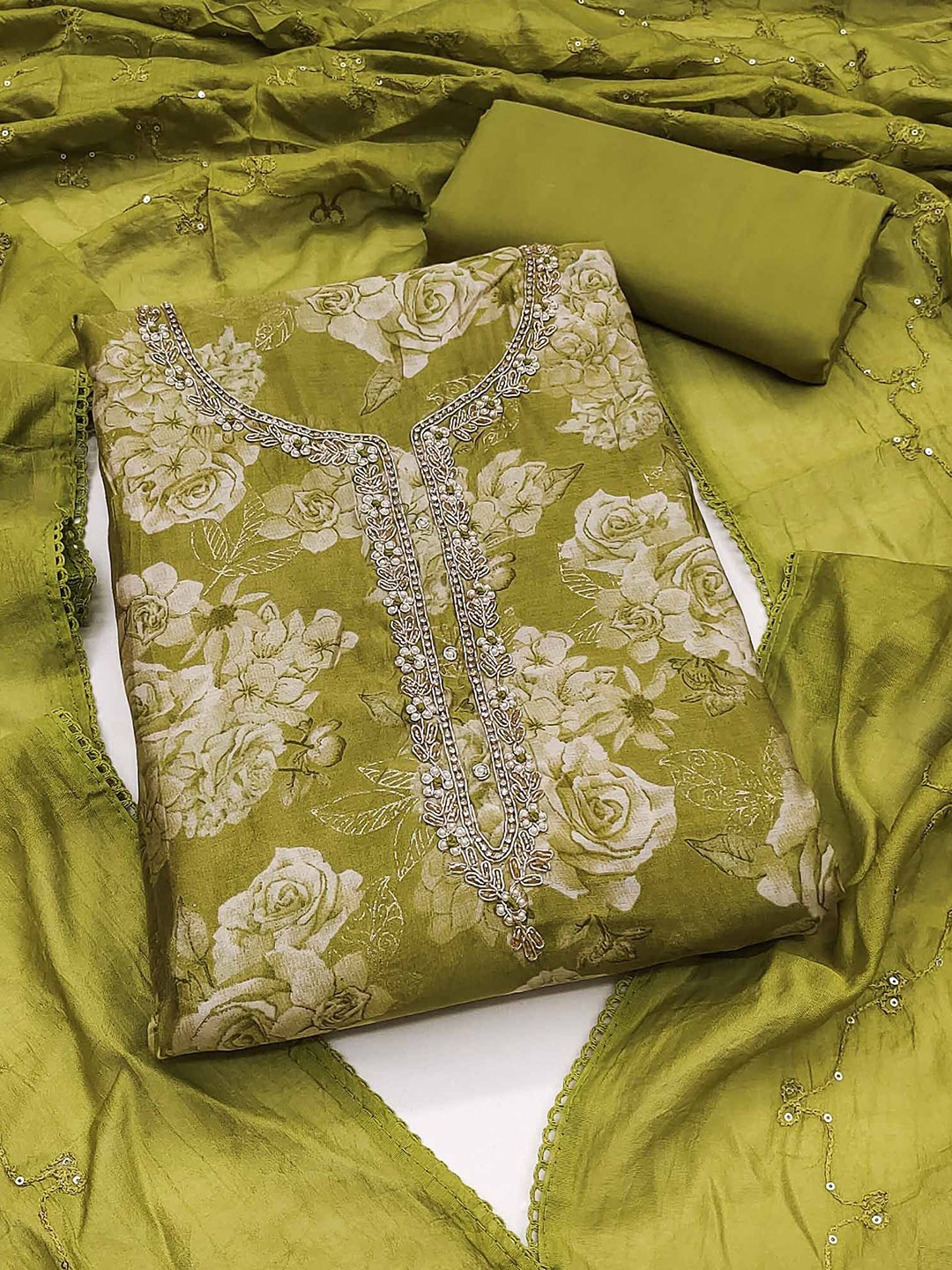 

Peachmode Floral Printed Beads & Stones Yoke Design Unstitched Dress Material, Green