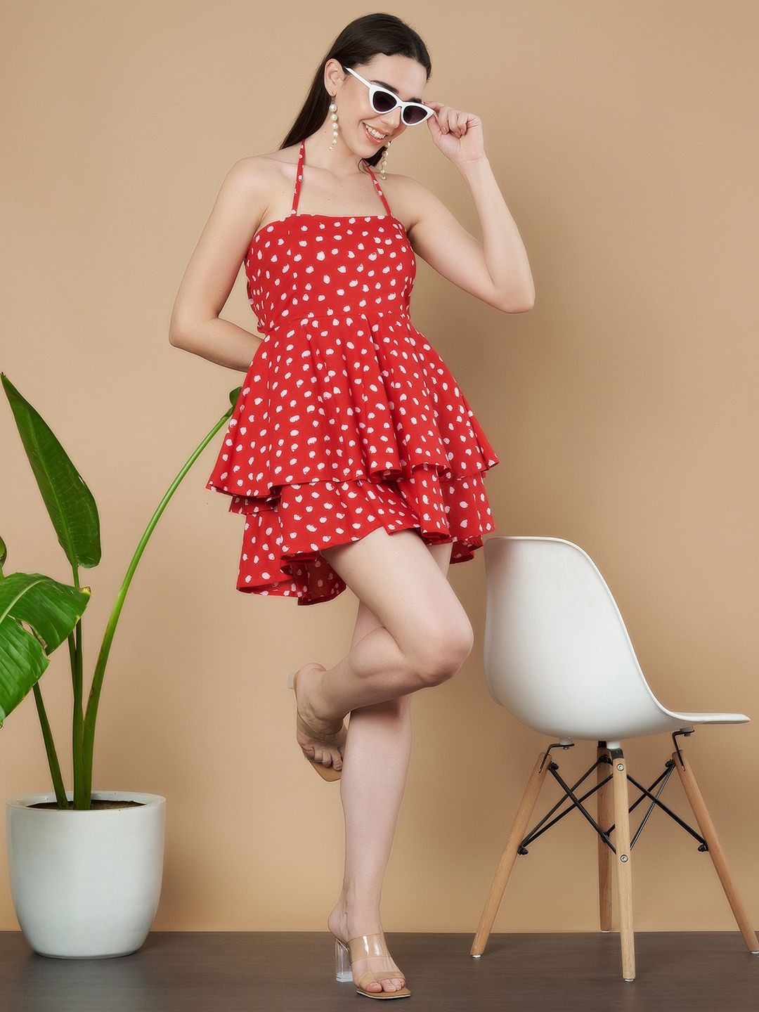 

COTLAND FASHION Women Polka Dot Printed Halter Neck Fit & Flare Mini Cotton Dress, Red