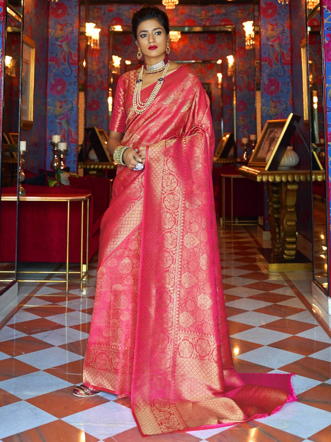 

MAHALASA Floral Zari Pure Silk Kanjeevaram Saree, Pink