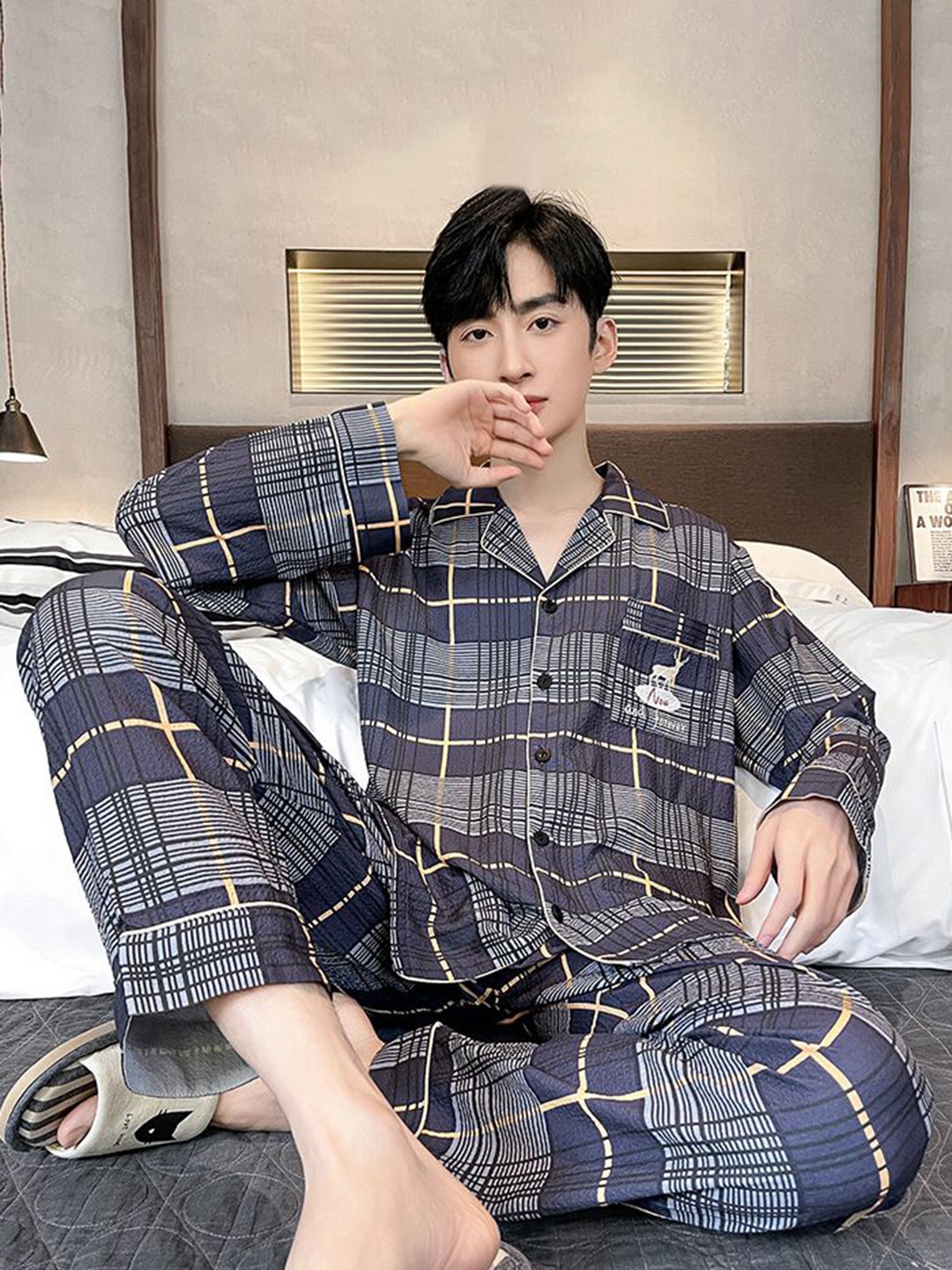

StyleCast Grey Checked Lapel Collar Long Sleeves Shirt With Pyjama