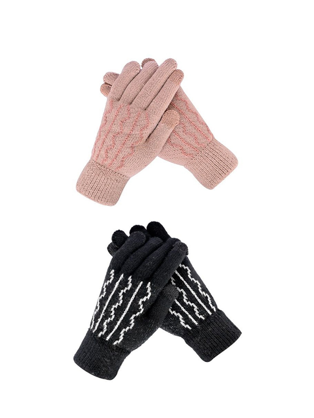 

LOOM LEGACY Pack of 2 Women Patterned Acrylic Touchscreen Casual Gloves, Black