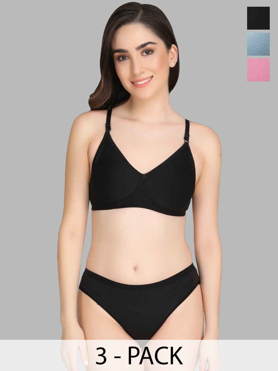

Designer Bugs Women Pack Of 3 Lightly-Padded Lingerie Sets, Black