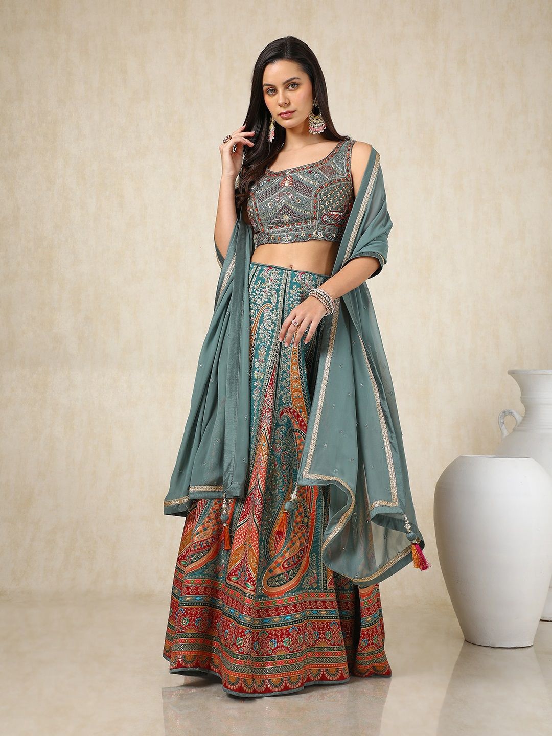 

Soch Embellished Thread Work Ready to Wear Lehenga & Blouse With Dupatta, Grey