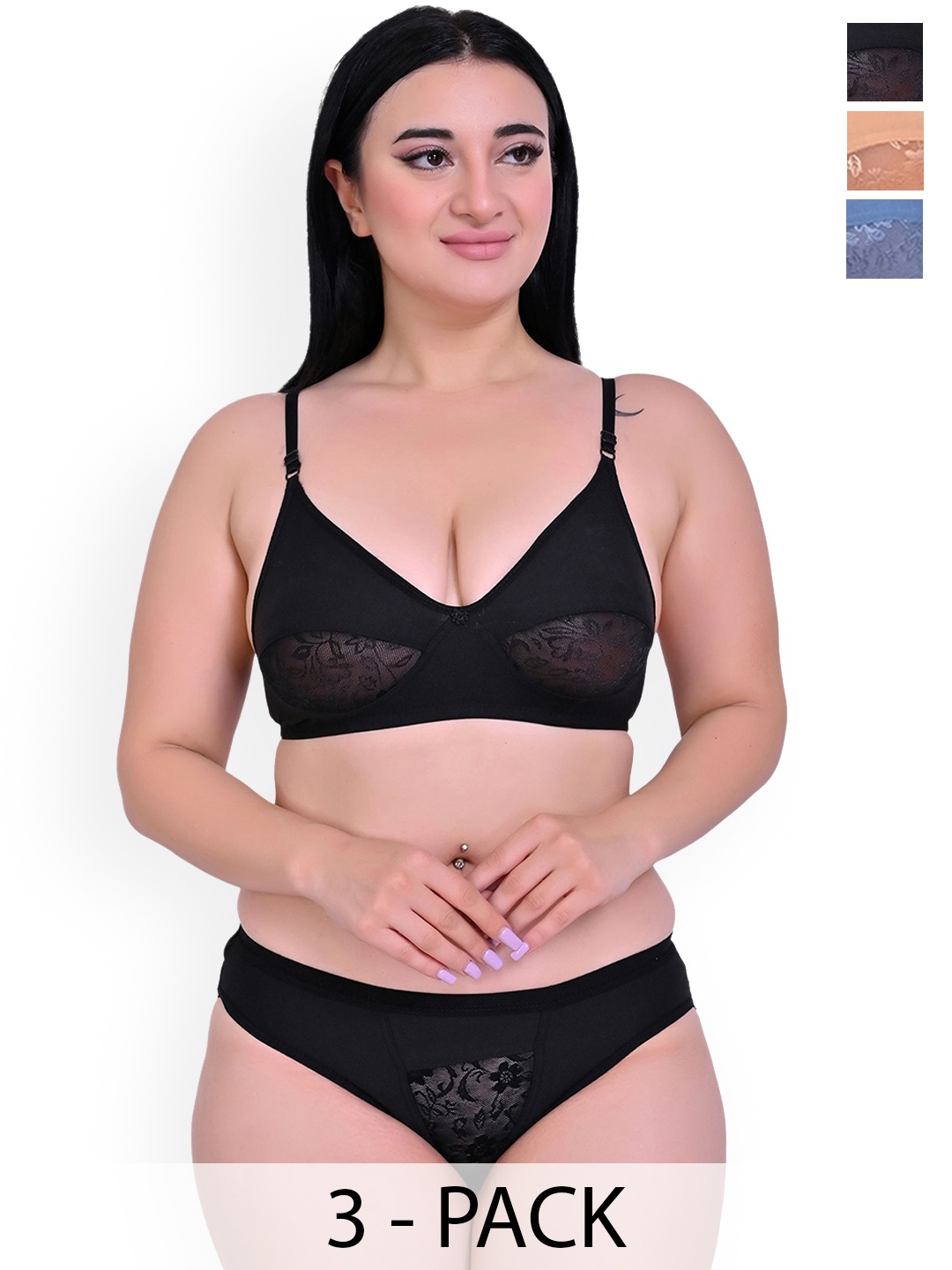 

Piylu Women Pack Of 3 Self Design Non-Padded Lingerie Sets, Black