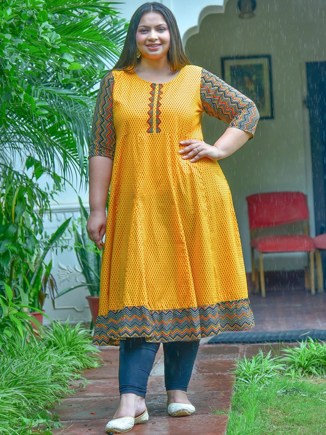 

IKRASS Plus Size Geometric Printed Cotton Anarkali Kurta, Mustard