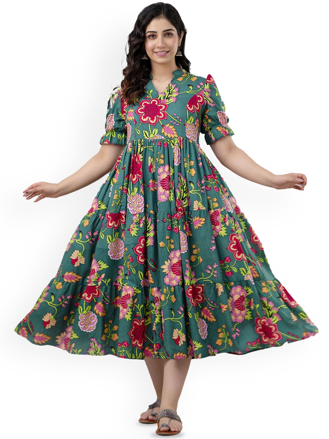 

Charnest Floral Printed Fit and Flare Kurta, Green