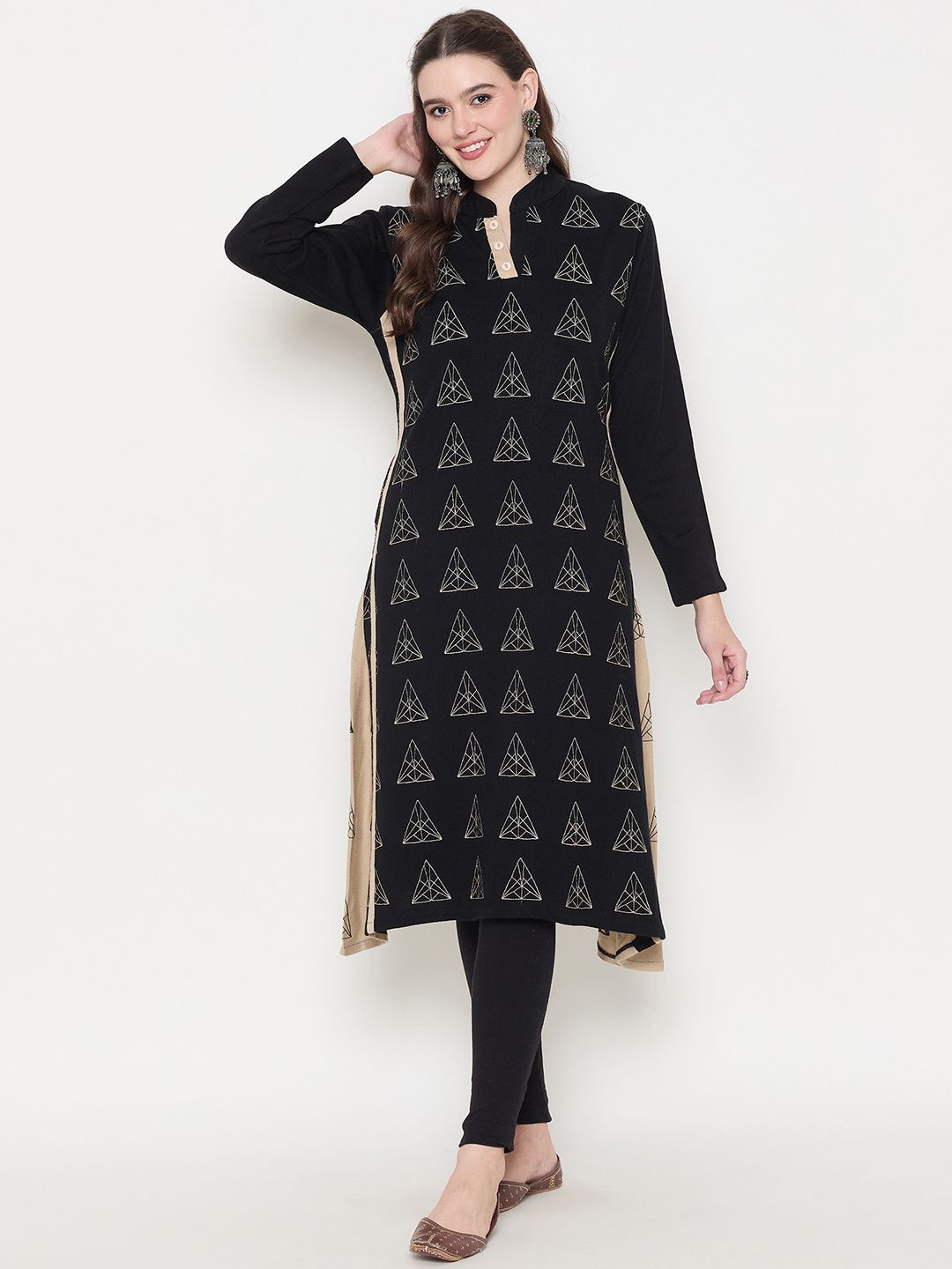

Zigo Floral Embroidered Mandarin Collar Thread Work Woollen A-Line Kurta, Black