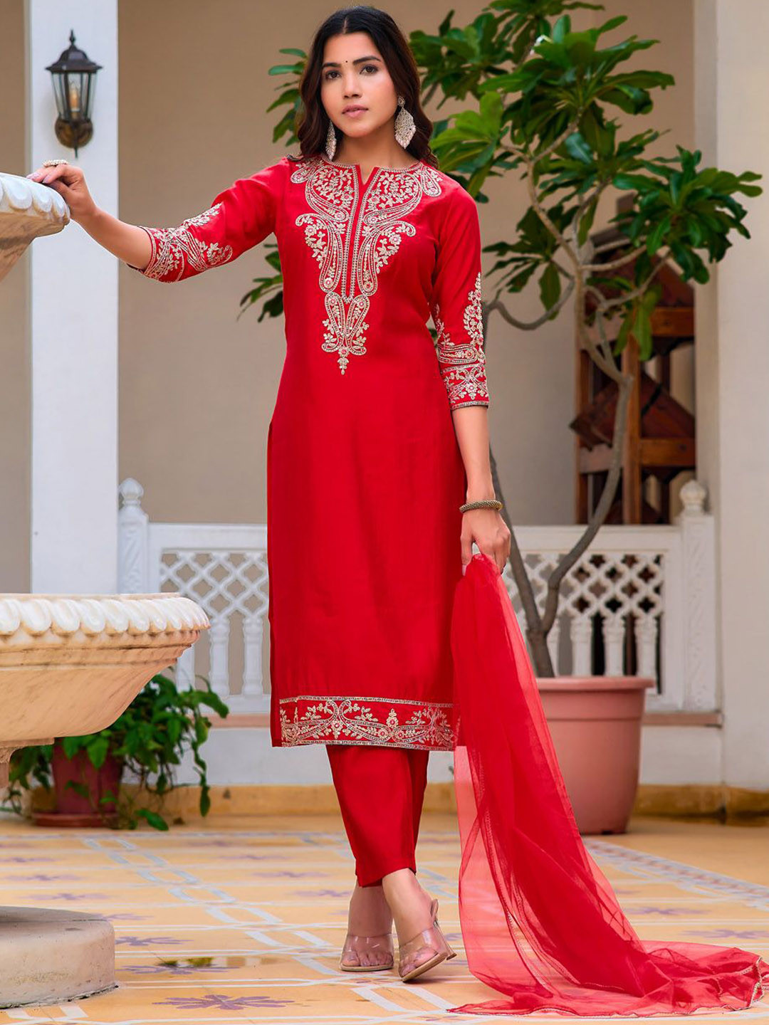

KALINI Paisley Embroidered Sequinned Chanderi Cotton Kurta With Trousers & Dupatta, Red