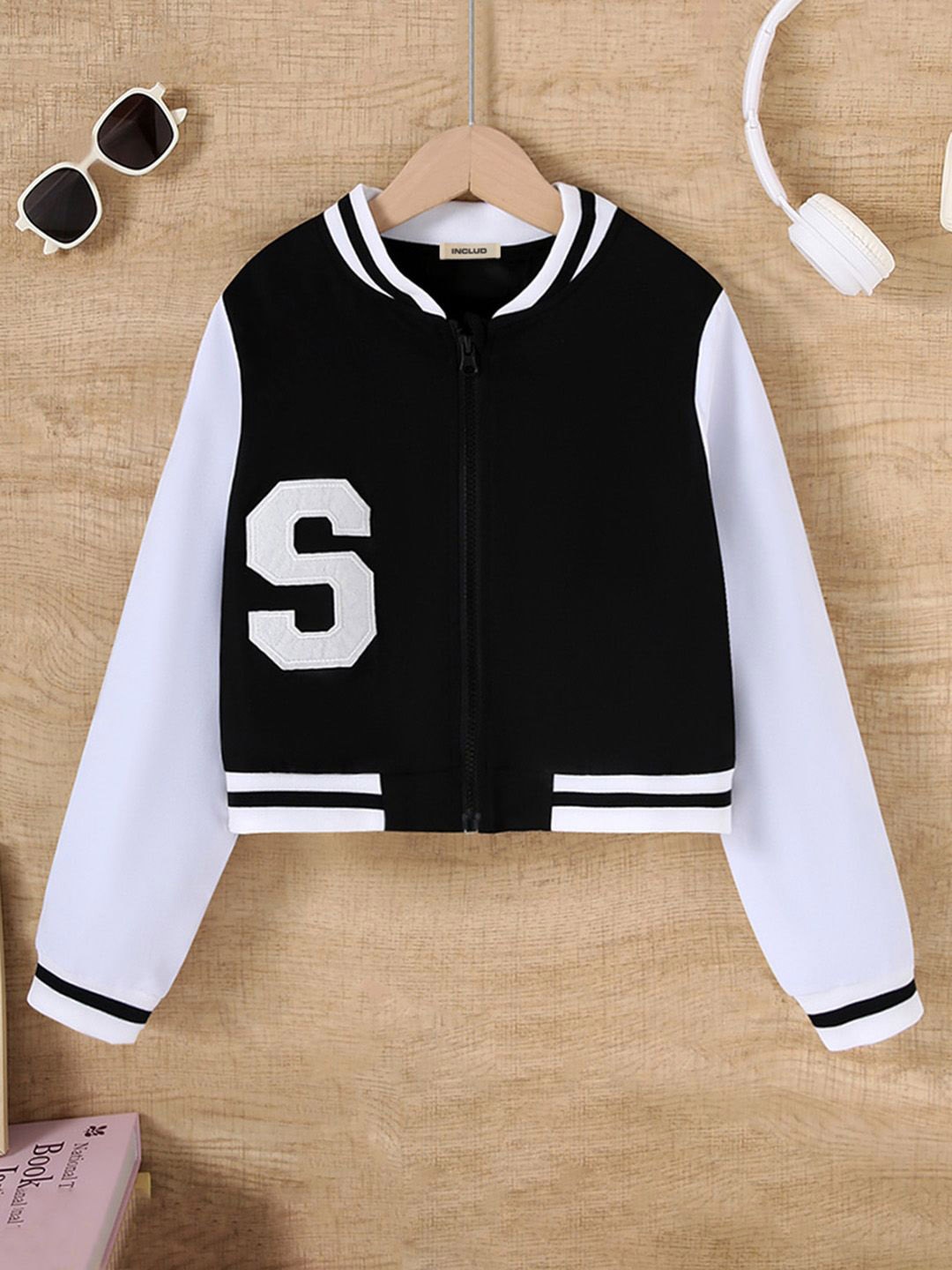 

INCLUD Girls Stand Collar Typography Printed Cotton Casual Bomber Jacket, Black