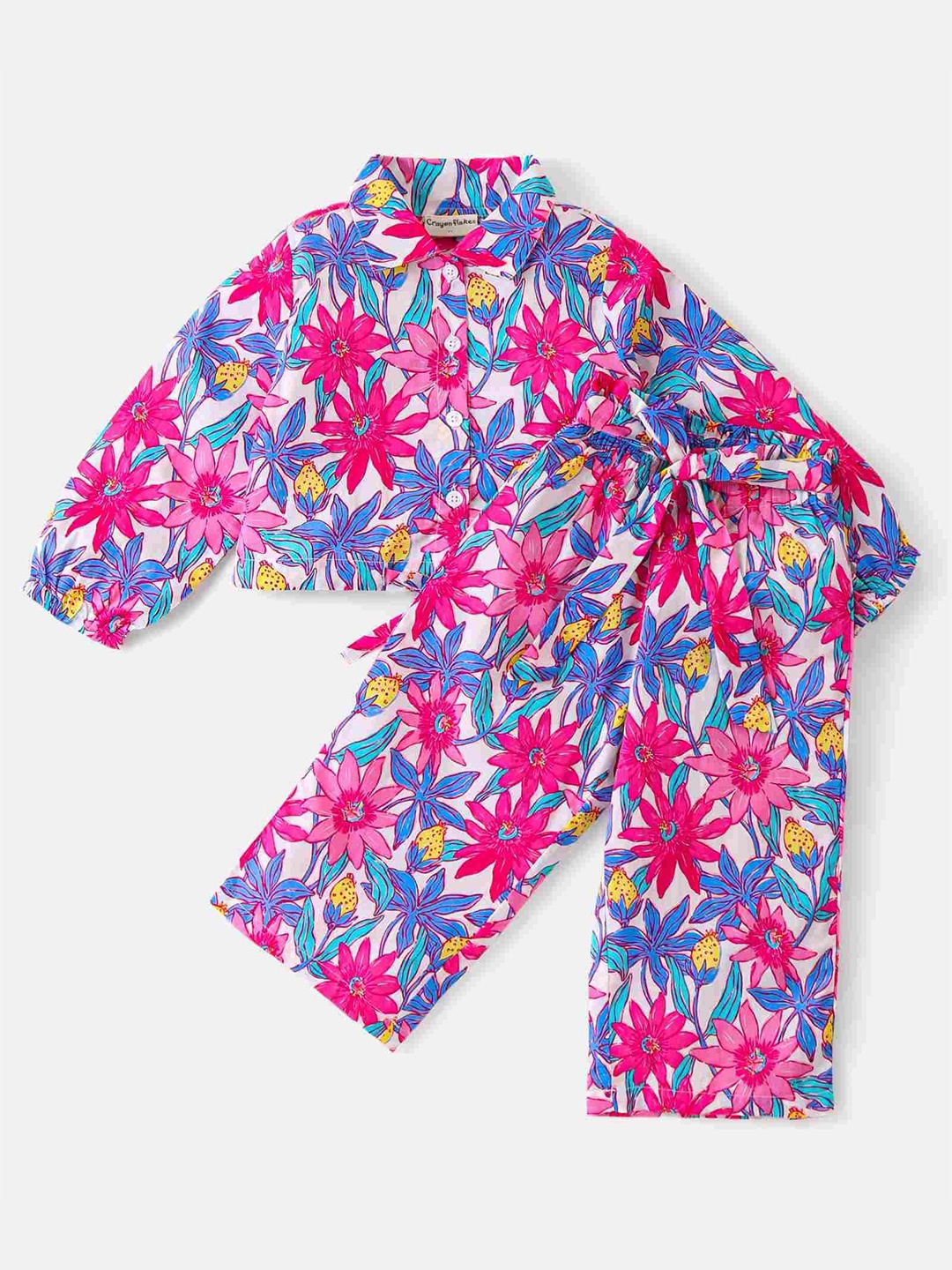 

CrayonFlakes Girls Floral Printed Pure Cotton Shirt with Palazzos, Off white