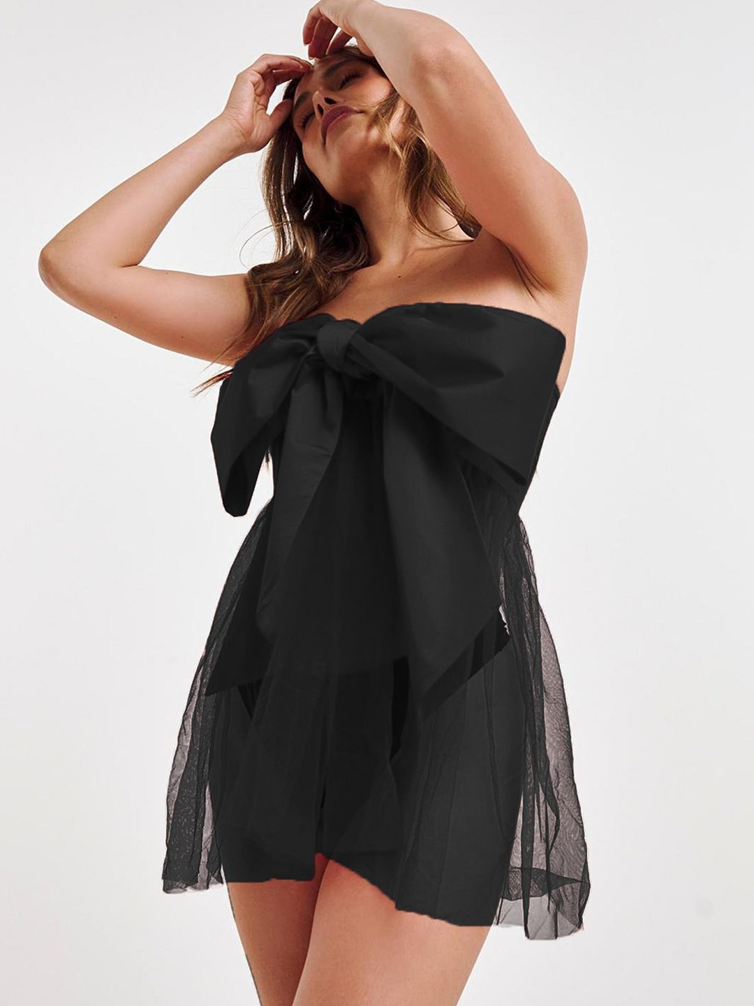 

VAGHBHATT Strapless Net Bow Detailed Baby Doll, Black