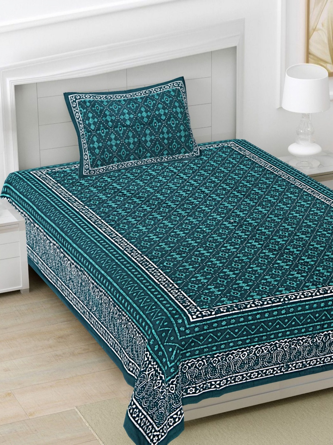 

FrionKandy Living Sea Green Printed Cotton 180 TC Single Bedsheet Set 2.28 m x 1.52 m