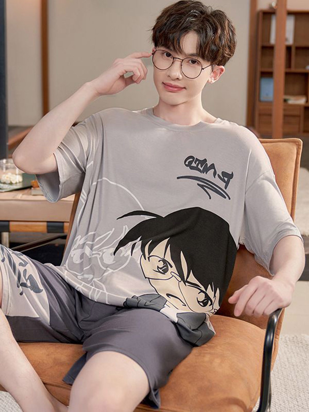 

StyleCast Printed Pure Cotton Round Neck T-Shirt with Shorts Night Suits, Grey