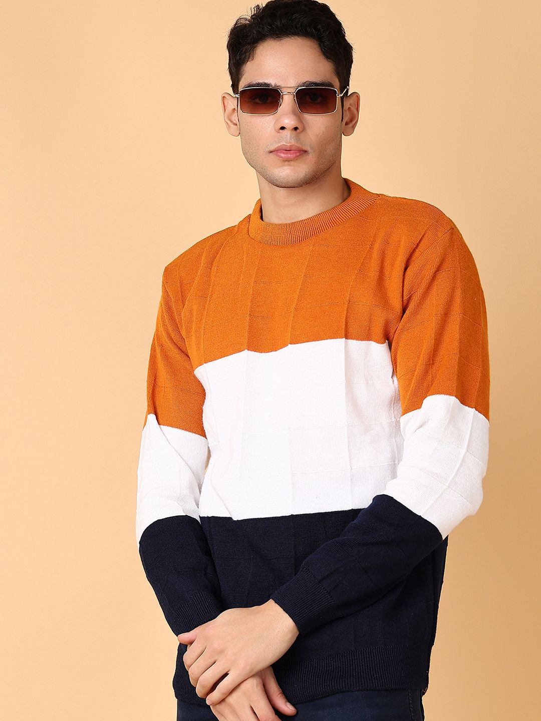 

V-Mart Men Round Neck Colourblocked Pullover, Orange