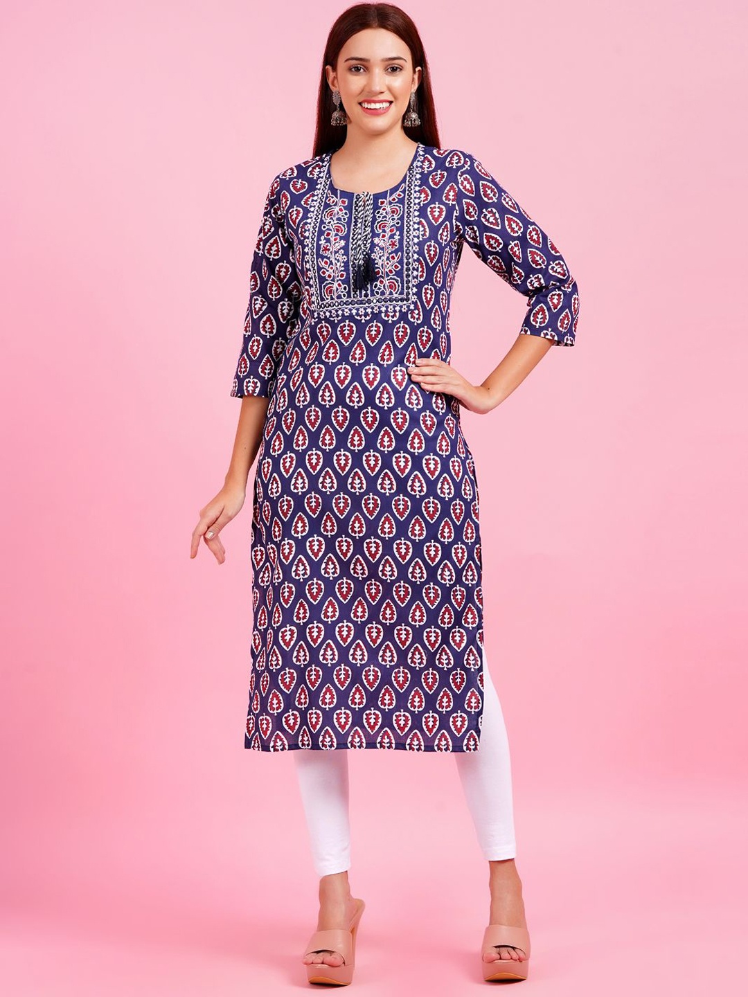 

JC4U Ethnic Motifs Printed Tie-Up Neck Cotton Straight Kurta, Blue