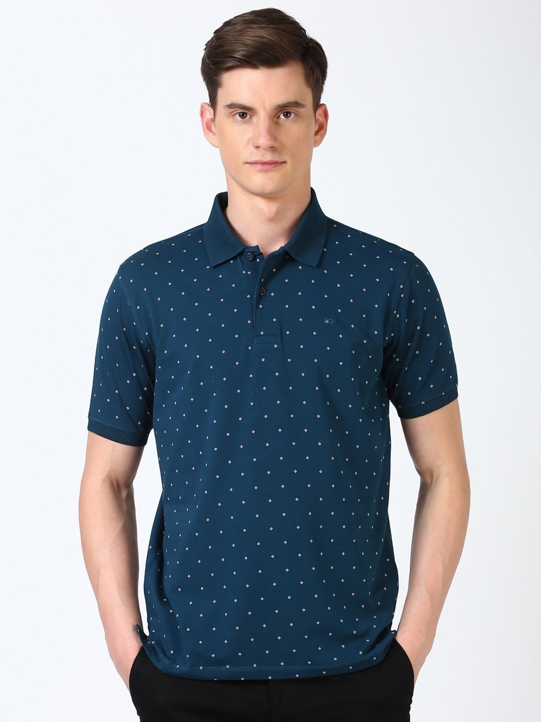 

Peter England Men Geometric Printed Polo Collar Cotton T-shirt, Blue