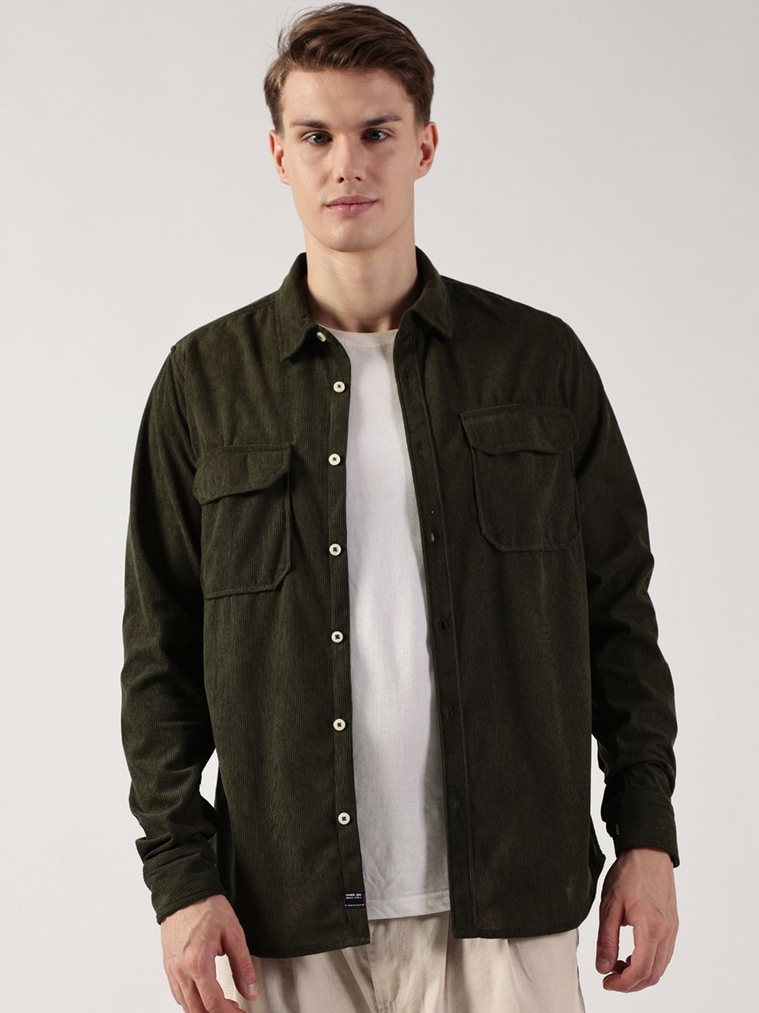 

Thomas Scott Men Premium Spread Collar Solid Slim Fit Corduroy Casual Shirt, Olive