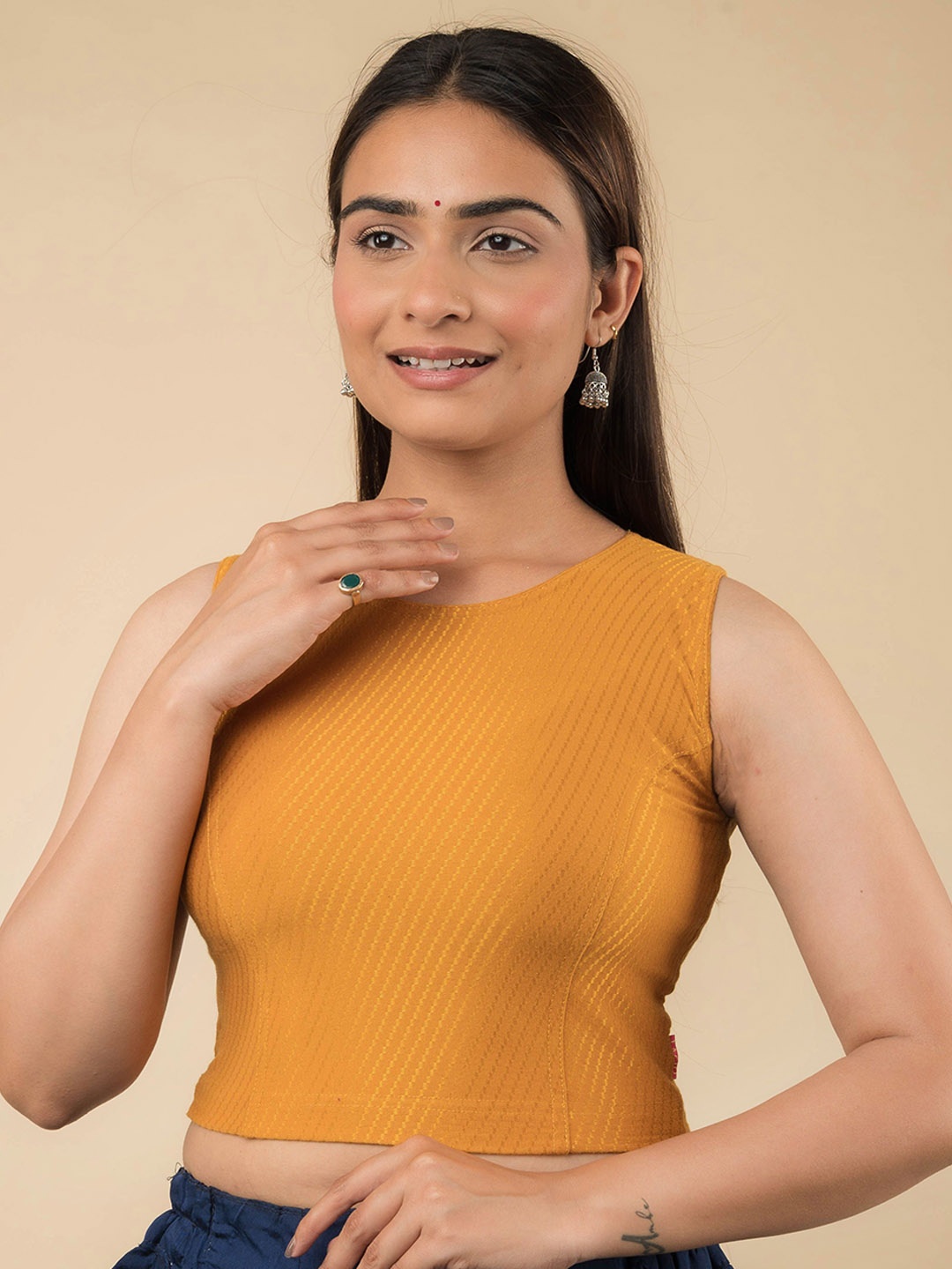 

Bindigasm's Advi Cotton Round Neck Saree Blouse, Mustard