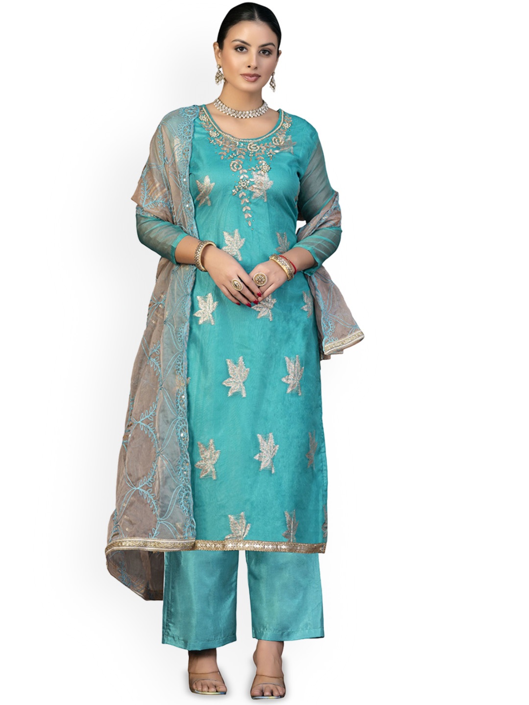 

Maroosh Floral Woven Design Zari Organza Unstitched Dress Material, Turquoise blue