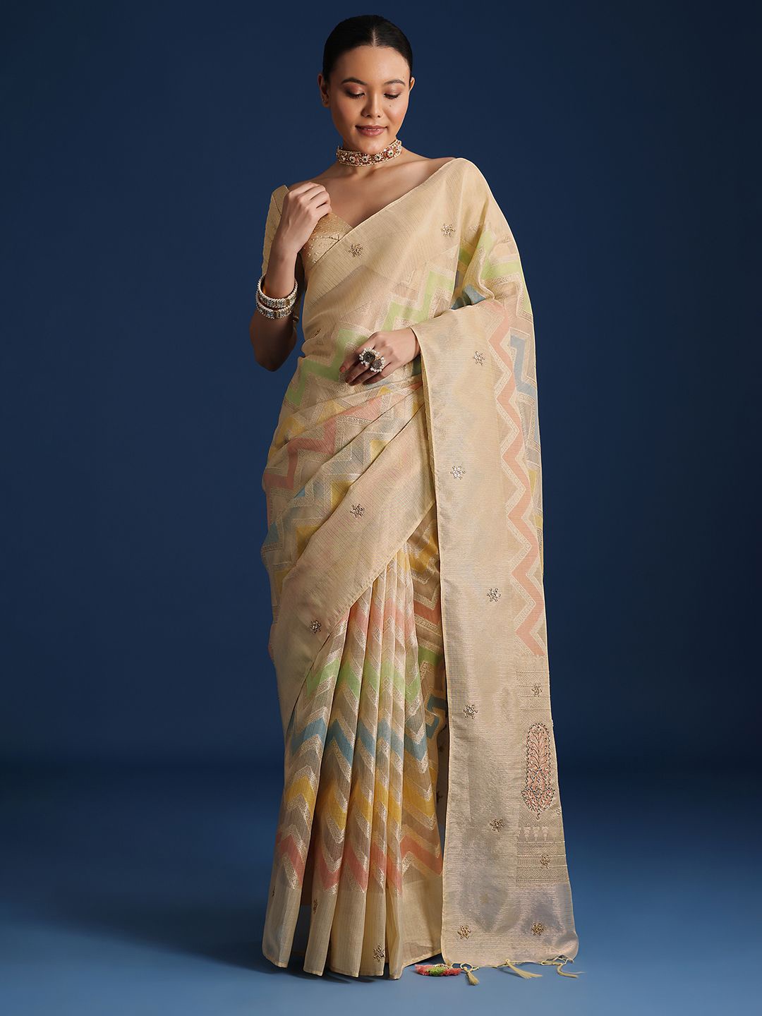 

KALKI Fashion Geometric Printed Women Zari Tissue Chanderi Saree, Gold
