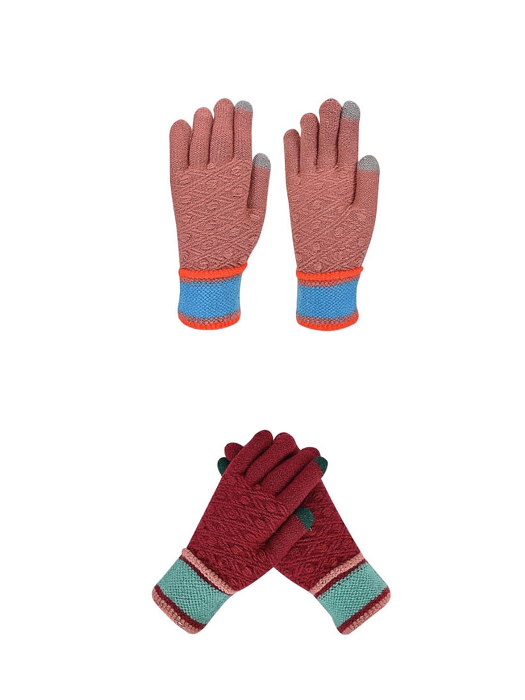 

LOOM LEGACY Women Woollen Winter Pack of 2 Pairs Patterned Acrylic Touchscreen Gloves, Maroon